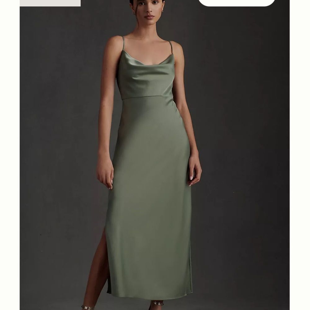 New Anthropologie BHLDN Cali Satin Cowl-Neck Midi Slip Dress Moss Green